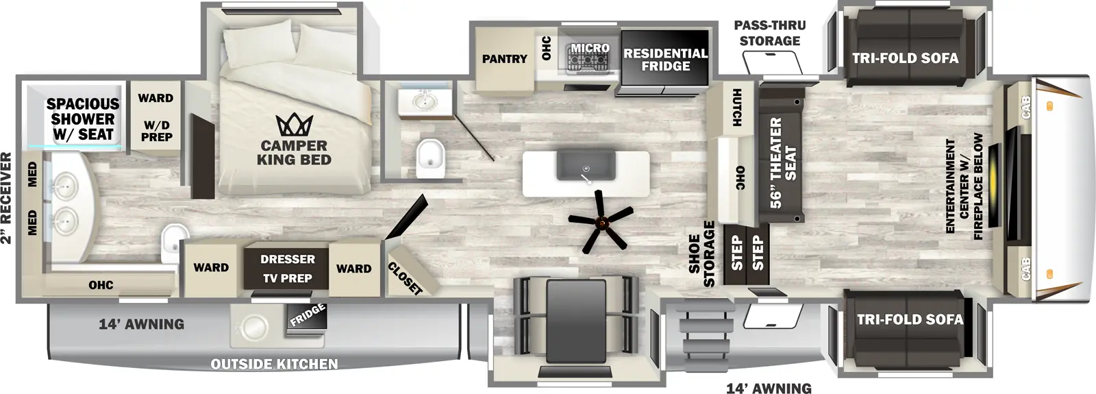 The Sabre 37FLH floorplan has one entry and five slide outs. Exterior features include: fiberglass exterior, 14' & 14' awning and outside kitchen. Interiors features include: kitchen island, free-standing dinette option, front living, rear bathroom and bathroom and a half.
